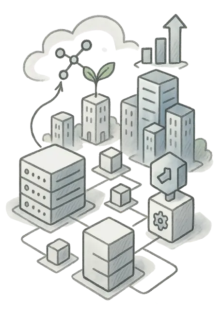 Growing tech city representing Architecture and Scalability