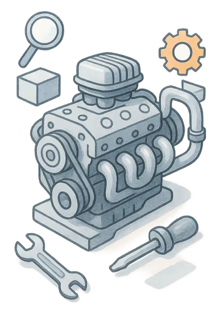 Engine surrounded by a magnifying glass, gear, wrench, and screwdriver, symbolizing the audit and optimization process of fine‑tuning complex systems.