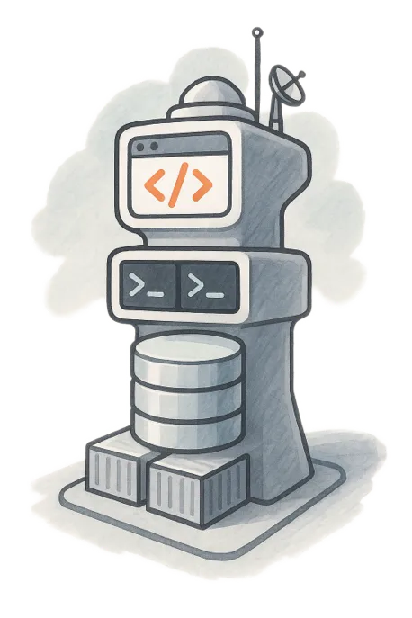 Futuristic vertical control tower representing Full-stack development. The tower is divided into sections representing the frontend as a browser window, backend as terminal consoles, database as a cylinder vault, and deployment as containers.
